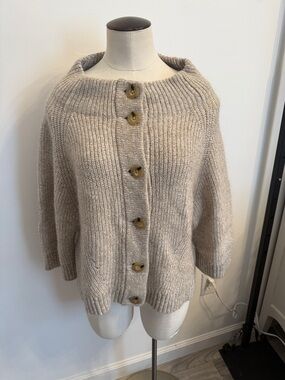 Lands' End Cream Tan Button-Front Chunky Knit Cardigan size M P 10-12